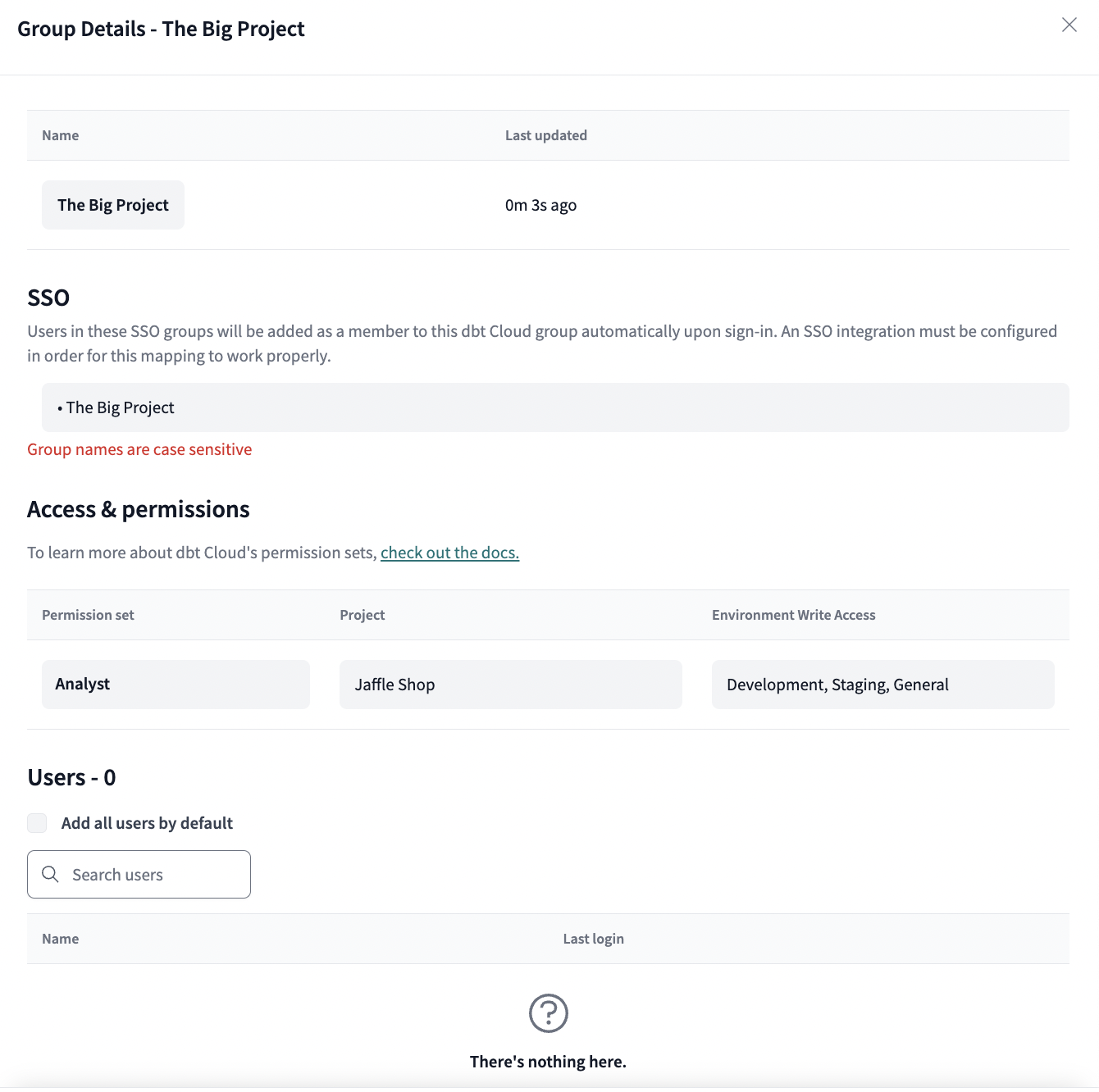The group configuration with SSO field filled out in dbt Cloud. The group configuration with SSO field filled out in dbt Cloud.