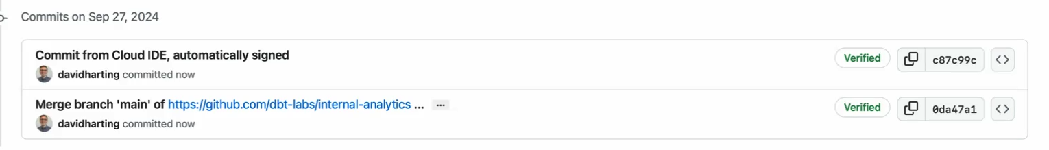 Example of a verified Git commit in a Git provider. Example of a verified Git commit in a Git provider.
